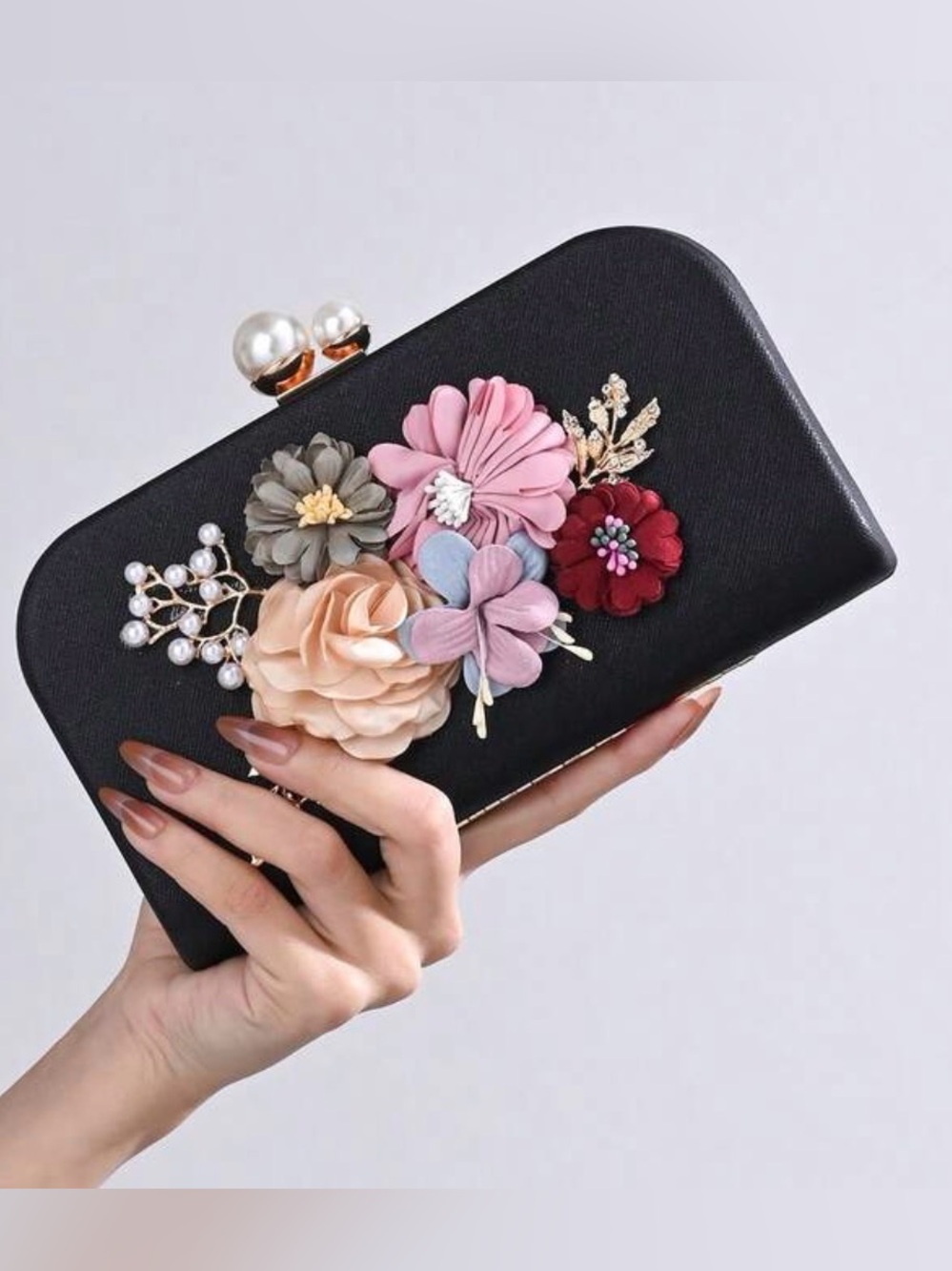 Embellished Black Floral Clutch Bag